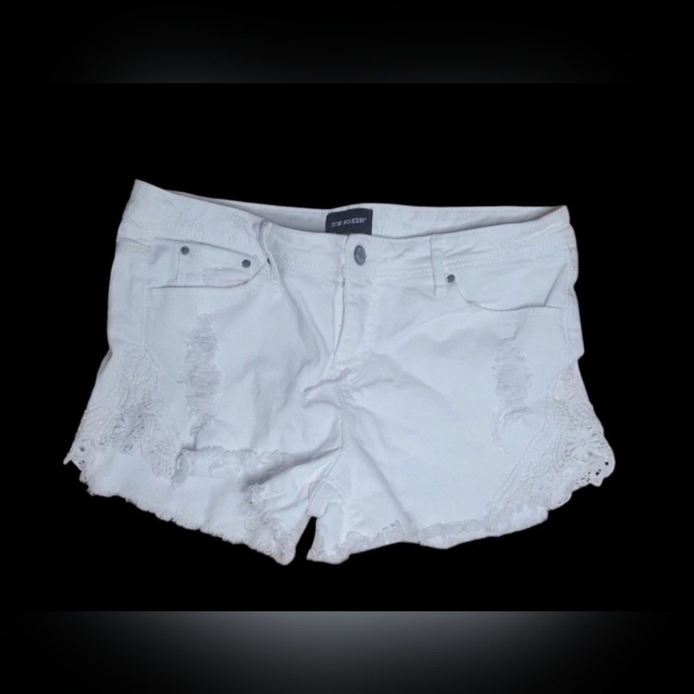 Y2K Joe Boxer Junior's White Denim Distressed Frayed Cutoff Laced Jean Shorts, 7